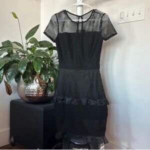 Mystic LA Black Mesh Lace Mini Dress Sz S Tulle ruffles Crew Short sleeves